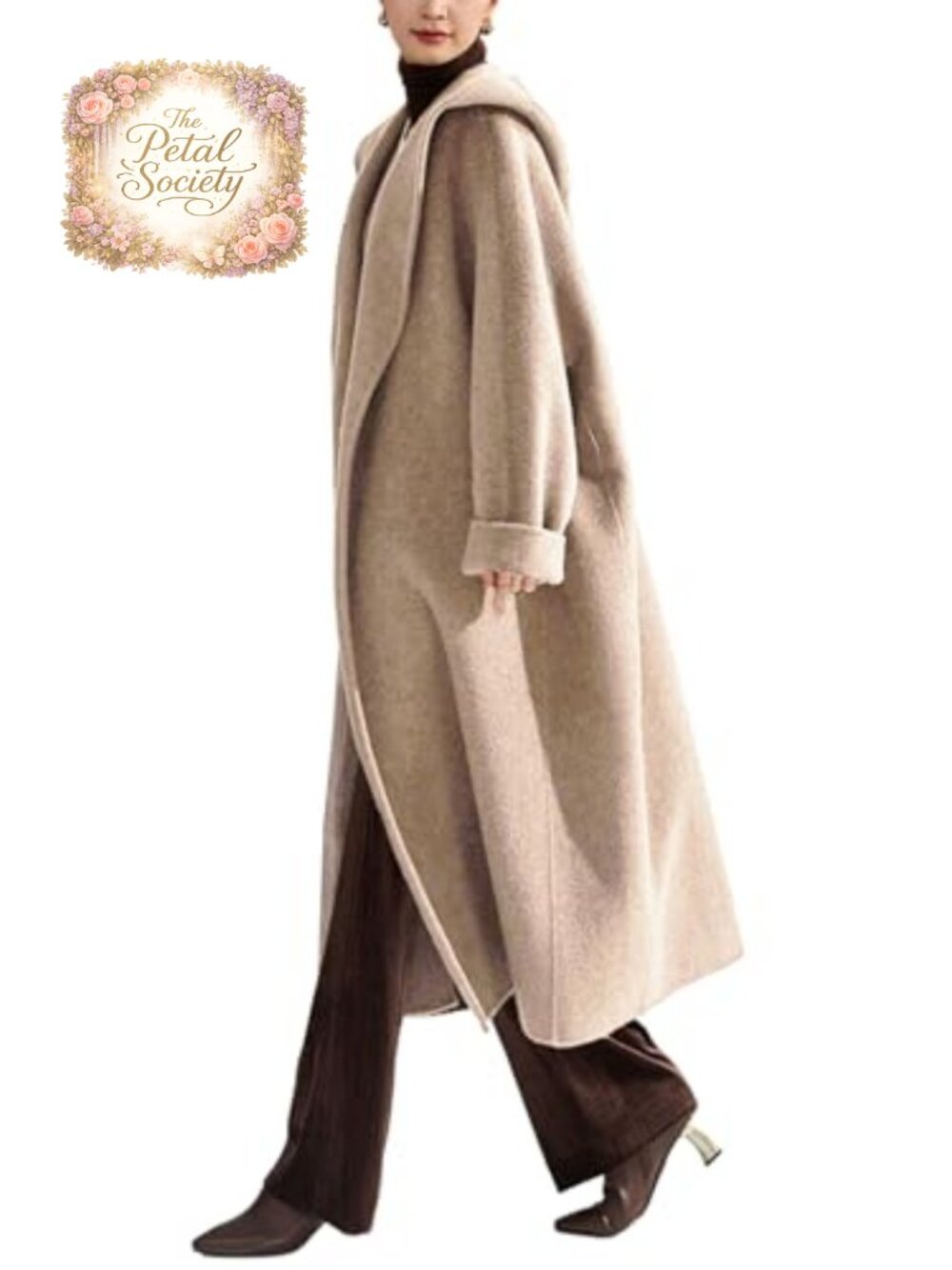 Women's Winter Belted Wool Blend Hooded Trench Coat Slim Fit